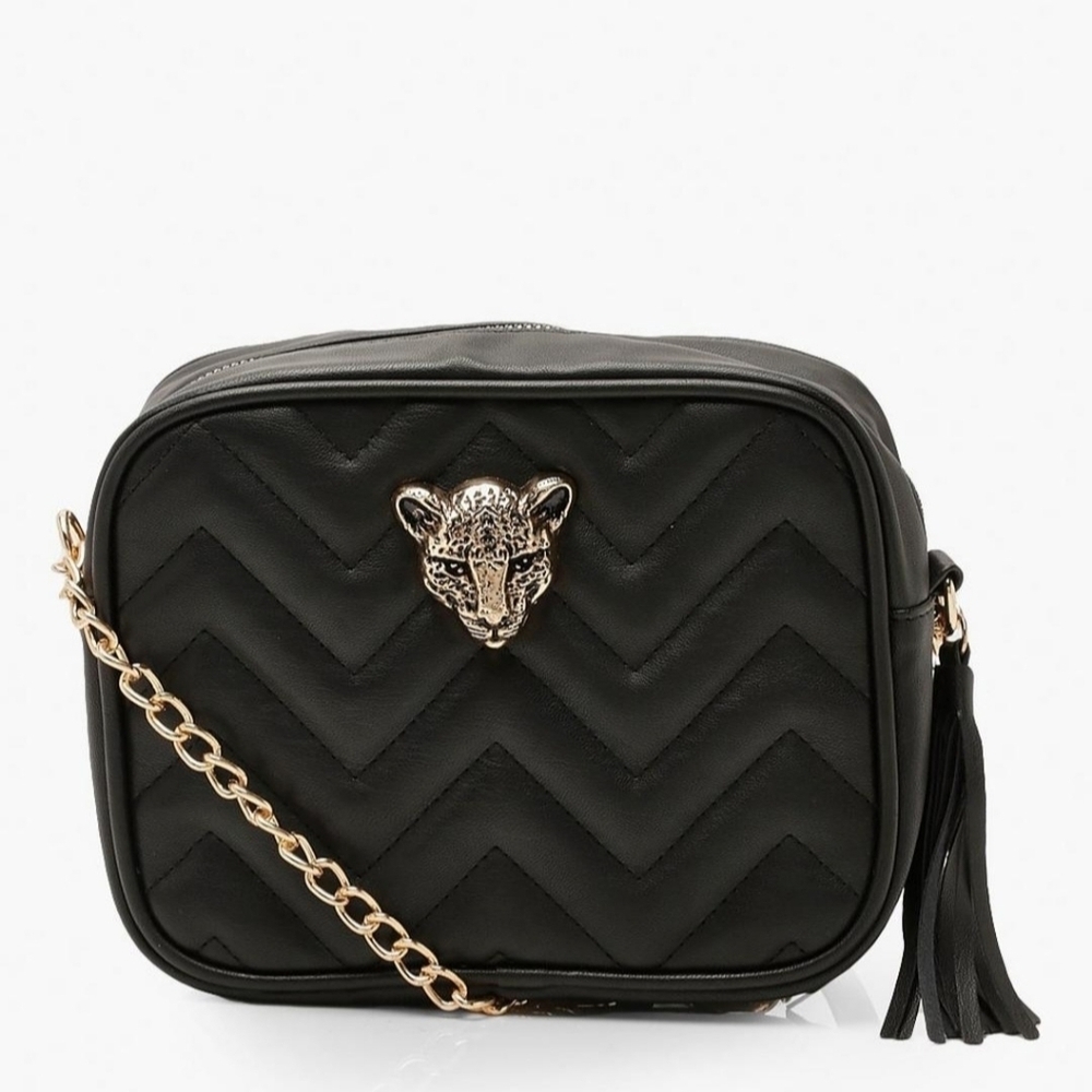 Black Quilted Leopard Embellished Crossbody Bag